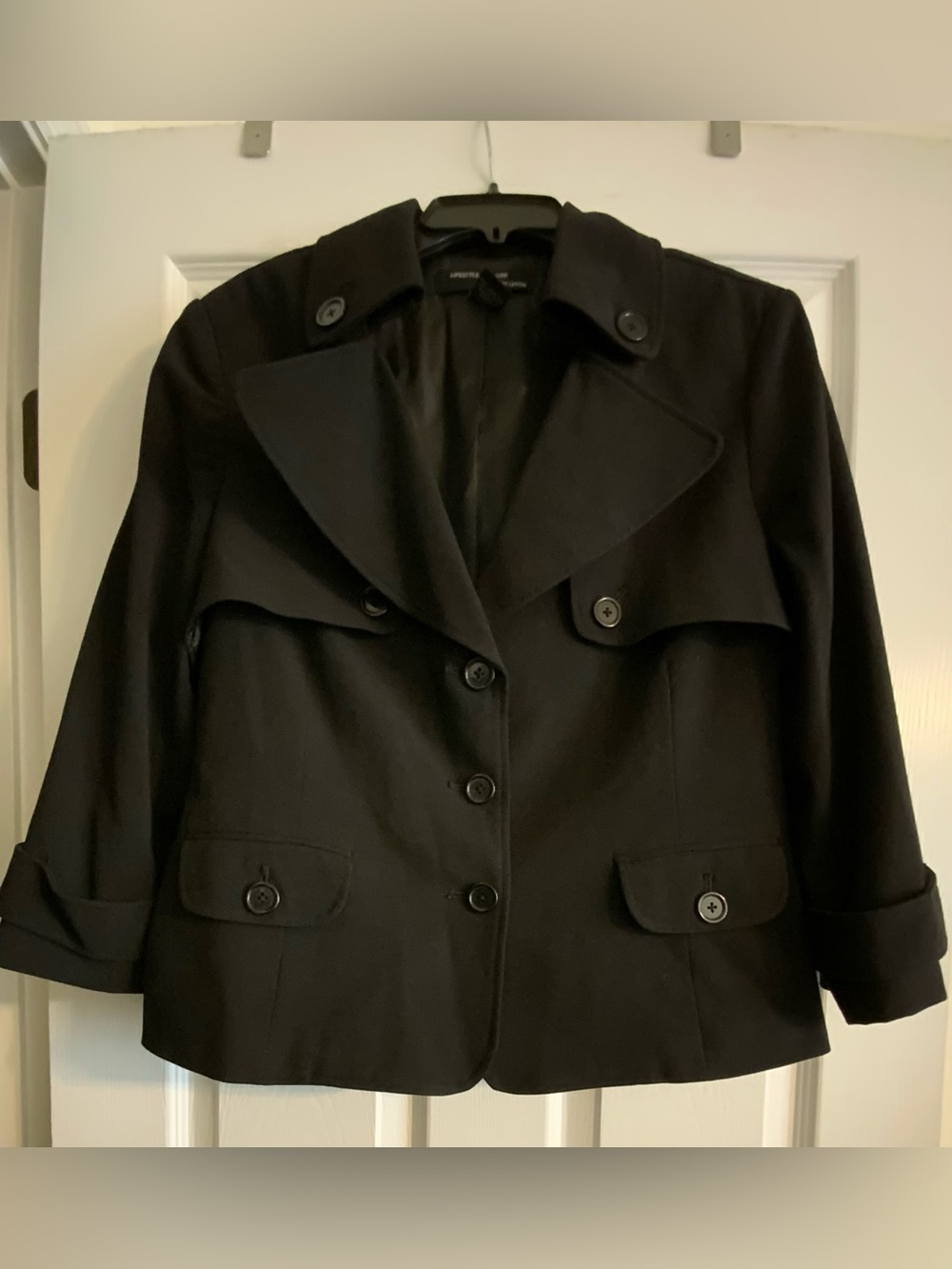 Larry Levine Black Double Breasted Military Style Oversized Lapel Button Pockets